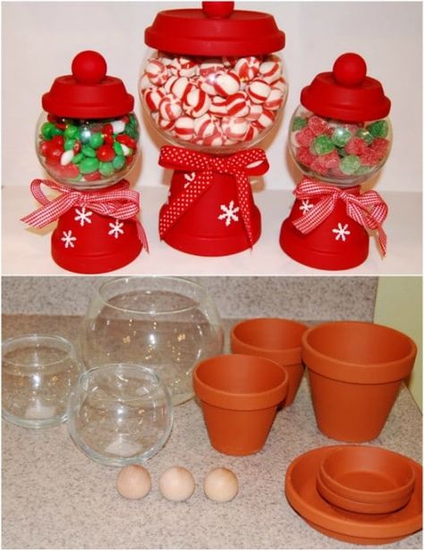 Pot Christmas Decorations, Julkransar Diy, Christmas Candy Jars, Making Decorations, Jul Diy, Simple Christmas Decor, Christmas Clay, Clay Pot Crafts, Love Christmas