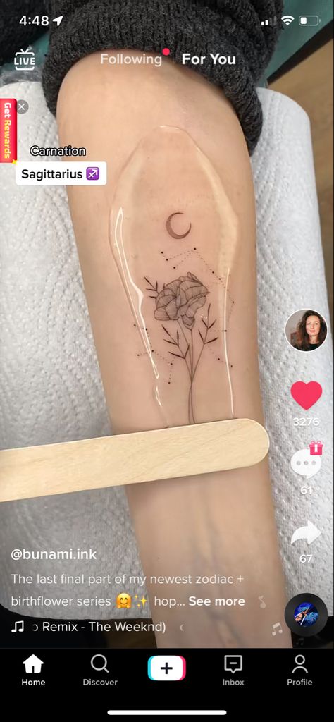 Sagittarius Flower, Carnation Flower Tattoo, Small Foot Tattoos, Carnation Tattoo, Sagittarius Tattoo, Birth Flower Tattoos, Spine Tattoo, Carnation Flower, Dainty Tattoos