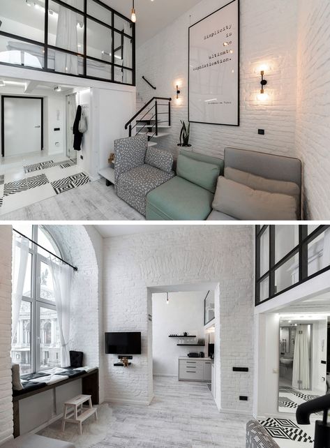 This modern loft apartment features high ceilings, painted brick walls, and a mezzanine with a bedroom and reading room. #LoftApartment #MezzanineBedroom #InteriorDesign #ModernApartment College Apartment Bedding, Apartment Beds, Loft Apartment Bedroom, Modern Loft Living Room, Studio Loft Apartments, Modern Loft Apartment, Tiny Loft, Apartment Bedding, White Apartment