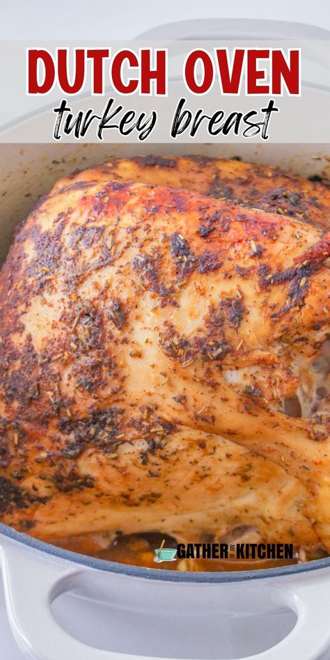 Turkey breast in a Dutch oven with "Dutch Oven turkey breast" written on top. Dutch Oven Turkey Breast, Dutch Oven Turkey, Oven Turkey, Baked Sweet Potato Slices, Moist Turkey, Cooking Turkey Breast, Thanksgiving Meals, Dinner Yummy, Sweet Potato Slices