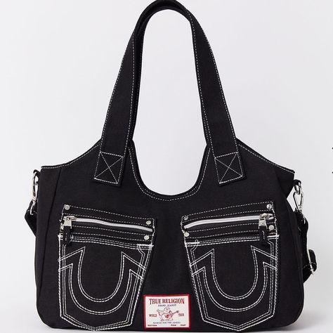 Brand New True Religion Black Denim Purse Medium Size Crossbody And Shoulder Purse Tags Included Horseshoe Logo, Grey Crossbody Bag, Inside My Bag, Denim Purse, Denim Shoulder Bags, Black Satchel, Crossbody Bag Black, Denim Pocket, Cute Backpacks