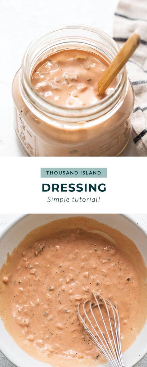 Homemade Thousand Island Dressing - Fit Foodie Finds Caesar Dressing Homemade, Homemade Thousand Island, Homemade Dressing Recipe, Homemade Thousand Island Dressing, Crispy Chicken Salads, Ground Chicken Burgers, Salad Dressing Recipes Healthy, Fit Foodie Finds, Thousand Island