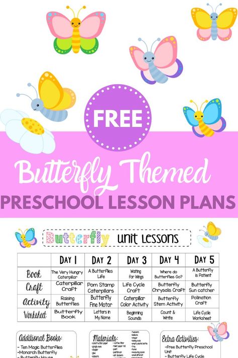 Looking for Butterfly themed preschool lesson plans? Check out these free plans with a week's worth of Butterfly themed crafts and activities! It's all done for you and free to print! Butterflies Lesson Plans Preschool, Butterfly Preschool Theme, Butterfly Theme Preschool Activities, Butterfly Lesson Plans For Toddlers, Butterfly Lesson Plans Preschool, April Lesson Plans For Toddlers, April Lesson Plans Preschool, Butterfly Activities For Preschool, Preschool Butterfly Theme