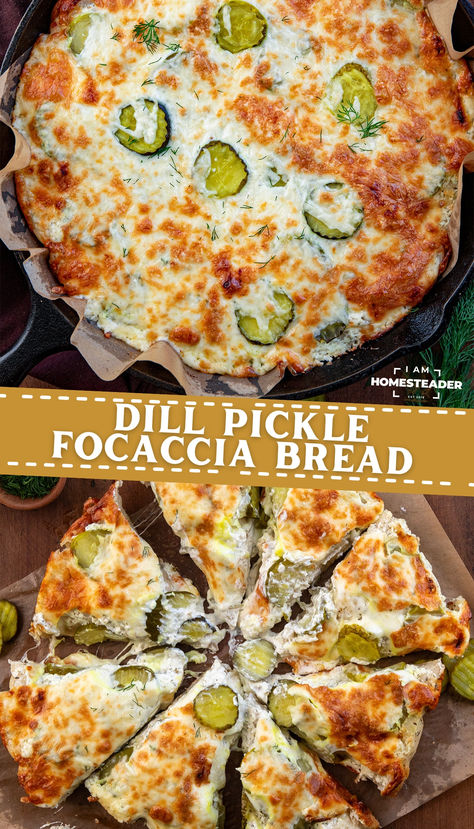 Dill Pickle Focaccia Bread is a homemade focaccia crust topped with a creamy, tangy sauce, dill pickles, and mozzarella, baked until the cheese is hot and bubbly. It can be served as an appetizer or as the main dish, it is so satisfying! Dill Pickle Recipe Dishes, Dessert Foccacia Bread, Recipes Using Pickles, Dill Pickle Appetizers, Pickle Recipes Appetizer, Focaccia Topping Ideas, Sweet Focaccia Bread, Recipes With Pickles, Dill Pickle Bread