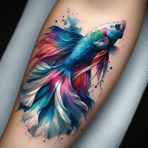 25 Unique Betta Fish Tattoo Design Ideas For Creative Owners – Acuario Pets Flowy Fish Tattoo, Cute Color Tattoos For Women, Betta Fish Tattoo Design, Fighter Fish Tattoo, Beta Fish Tattoo Design, Beta Fish Tattoos, Fish Tattoo Women, Aquarium Tattoo, Ocean Fish Tattoo