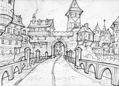 medieval city entrance by WriteNRun Perspective Sketches, City Entrance, Town Drawing, Village Drawing, Medieval Drawings, Fantasy Village, Medieval Artwork, Fantasy Town, City Sketch