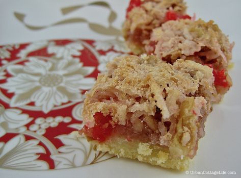 Cherry Coconut Bars ❦ Cherry Blast from the Past - Urban Cottage Life Cherry Coconut Bars, Sweets Tray, Coconut Squares, Cherry Bars, Cherry Coconut, Urban Cottage, Christmas Open House, Bake Goods, Coconut Bars