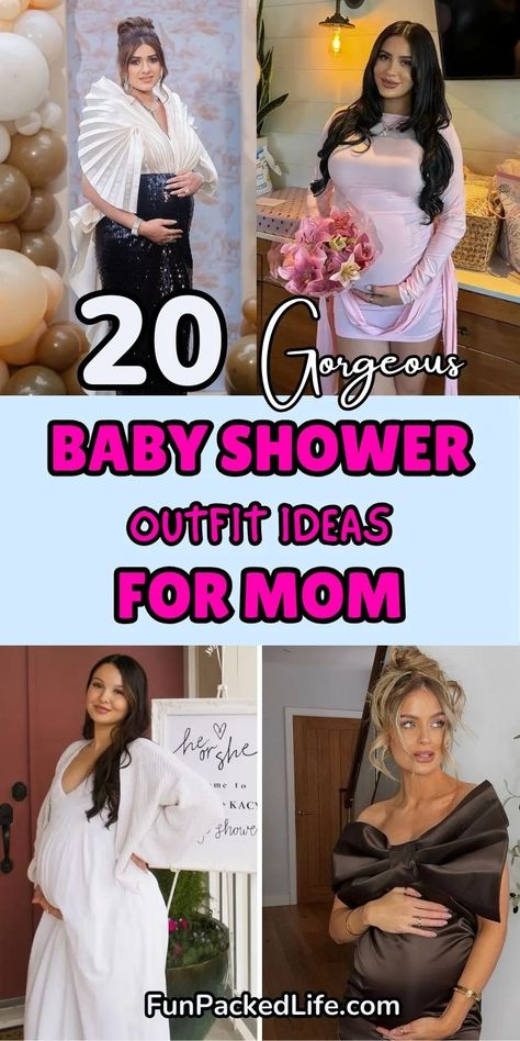 The image showcases four elegant and stylish baby shower outfit ideas for moms-to-be, with the text "20 Gorgeous Baby Shower Outfit Ideas For Mom" prominently displayed. Outfits include a black sequin dress with a pleated white shawl, a pink fitted dress with floral accents, a cozy white dress with a cardigan, and a luxurious brown satin dress with a large bow detail. Casual Baby Shower Outfit For Mom, Winter Baby Shower Outfit For Mom, Baby Shower Dress For Mom Winter, Baby Shower Outfit Ideas For Mom, Casual Baby Shower Outfit, Baby Shower Outfit Ideas, Pregnancy Fashion Winter, Shower Outfits, Winter Maternity