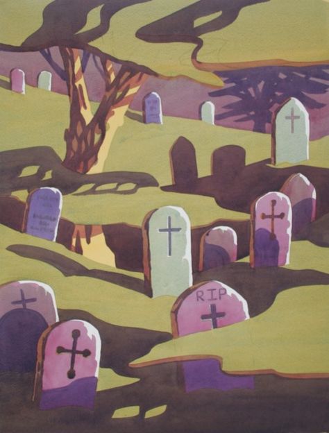 Graveyard Cartoon Cemetery, Cute Graveyard, Drawtober 2023, Grave Illustration, Cemetery Illustration, Graveyard Illustration, Graveyard Nails, Graveyard Painting, Cartoon Graveyard