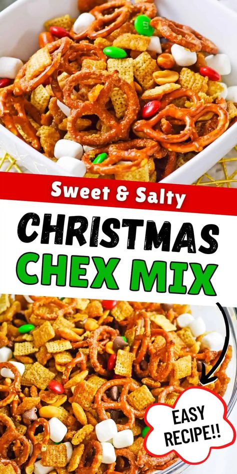 This easy Christmas Chex mix recipe is the ultimate Christmas party snack. Crunchy Chex and salty pretzels and peanuts get coated in caramelized brown sugar, baked, then tossed with rich chocolate chips, M&Ms, and fluffy marshmallows for the perfect sweet and salty party mix. Chex Mix With M&ms, Christmas Chex Mix Recipe, Christmas Chex Mix, Salty Chex Mix, Chex Mix Recipes Sweet, Salty Pretzels, Christmas Snack Mix, Sweet Chex Mix, Sweet Chex