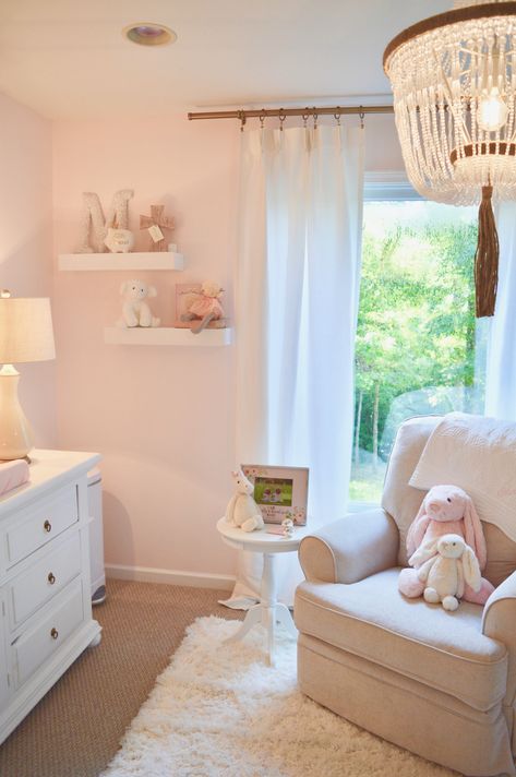 Pink White Nursery Ideas, Comfy Nursery Ideas, Light Blush Nursery, Light Pink And Neutral Nursery, Baby Pink Toddler Room, White Nursery With Pink Accents, Pink Beige Nursery, Neutral Pink Nursery Ideas, Small Pink Nursery