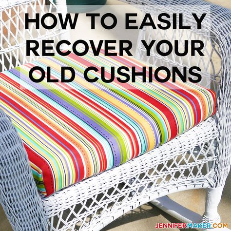 Learn how to easily recover your outdoor cushions for a bright, new look! All you need is some fabric, scissors, needle, thread, and about 20 minutes. Recover Patio Cushions, Diy Patio Cushions, Mid Century Patio Furniture, Recovering Chairs, Sewing Cushions, Chair Aesthetic, Patio Chair Cushions, Outdoor Cushion Covers, Outdoor Seat Cushions