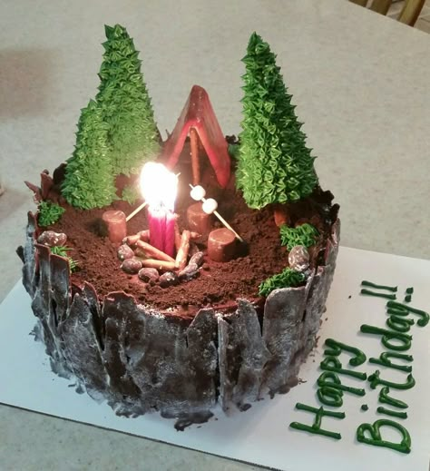 Camping birthday cake Camping Birthday Cake, Campfire Cake, Camping Cakes, Camping Birthday, Cookie Cake, Pretty Cakes, Creative Cakes, Cute Cakes, Celebration Cakes