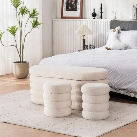 Boucle Storage Ottoman Set - Wayfair Canada End Of Bed Ottoman, Ottoman Upholstered, White Stool, Leather Storage Ottoman, Fabric Storage Ottoman, Accent Ottoman, Teddy Fabric, Small Stool, Tufted Ottoman