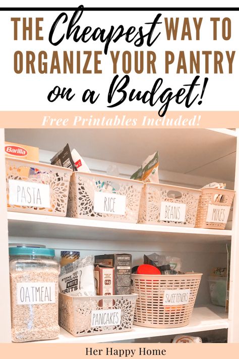 Get your pantry under control with these EASY pantry organization tips using dollar store/Dollar Tree items!  Free printable, Rae Dunn-inspired pantry labels are included for that farmhouse feel!  #pantryorganization #freepantrylabels #pantrylabels #farmhousekitchen Dollar Store Pantry Organization, Store Pantry Organization, Pantry Organization Dollar Store, Free Pantry Labels, Free Pantry, Diy Pantry Organization, Organization Labels, Dollar Tree Organization, Cheap Organization