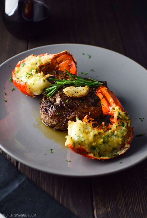 Filet Mignon And Lobster Tail, Steak And Lobster Dinner, Baked Lobster, Steak And Lobster, Filet Mignon Recipes, Lobster Dinner, Ny Strip, Surf And Turf, Fine Dining Recipes