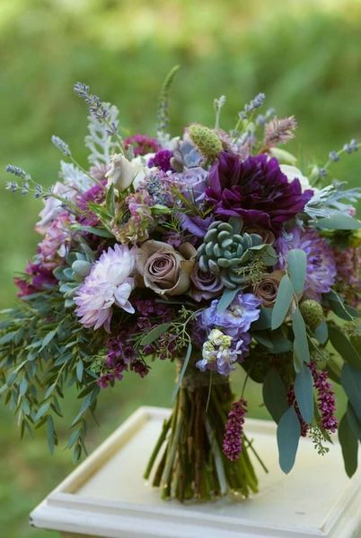 Bouquets With Succulents And Flowers, Lavender Dahlia Bouquet, Eggplant Wedding Flowers, Wedding Flowers With Purple Accents, Plum Lavender Gray Wedding, Purple Bridal Bouquet With Greenery, Purple Floral Bouquets, Plum And Lavender Bouquet, Purple Wedding Bouquets Summer