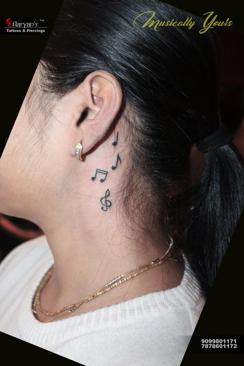 "Music notes near Ear" Stylish Small Tattoos, Aaryans Since 2010. Safe and Hygienic Body Piercing Painless Tattooing World Class Tattoos, Best Quality in Art Call/Whatsapp 9099801171 7878601172 Music Wrist Tattoos, Celtic Tattoo For Women, Small Music Tattoos, Behind Ear Tattoos, Music Notes Tattoo, Ear Tattoo Ideas, Neck Tattoos Women, Music Tattoo Designs, Neck Tattoo For Guys