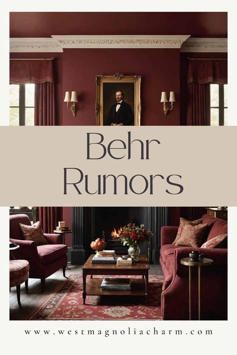 Paint Colors of the Year Rustic Red Paint Colors, Rumors Behr Paint, Parisian Paint Colors, Cranberry Paint Color, Modern Victorian Paint Colors, Behr Rumors, Velvet Wall Paint, Kitchen With Keeping Room, Paint Colors Of The Year