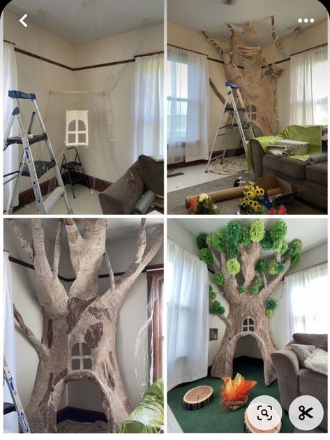 Tree House Reading Nook, Fall Decorations Daycare, Nature Theme Playroom, Diy Indoor Treehouse, Tree In Corner Of Room, Where The Wild Things Are Room, Forest Theme Playroom, Enchanted Living Room, Playroom Tree