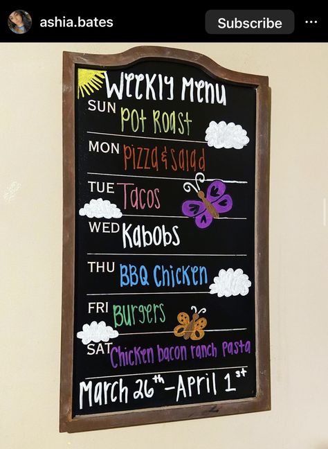 Menu Chalkboard Ideas, Chalkboard Menu Ideas, Dinner Boards, Chalkboard Menu Board, Weekly Menu Ideas, Weekly Menu Boards, Menu Chalkboard, Spring Chalkboard, Menu Calendar