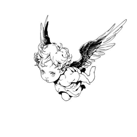 Cherub Tattoo Designs, Angel With Halo, Heavenly Art, Cherub Design, Tato Flash, Black And White Tattoo, Cherub Tattoo, Cherub Angel, Angel Tattoo