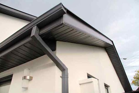 Grey Soffit And Fascia, Gray Windows, Soffit And Fascia, Soffit Ideas, Roof Soffits, Siding Detail, Vinyl Soffit, Types Of Roofing Materials, Standing Seam Roof