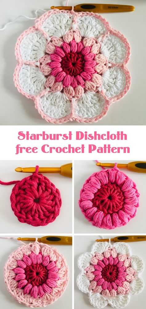 Starburst dishcloth free crochet pattern. Crochet Starburst, Yarn Clothes, Blanket Diy, Crochet For Home, Granny Squares Pattern, Granny Square Crochet Pattern, Crochet Round, Afghan Crochet Patterns, Crochet Home