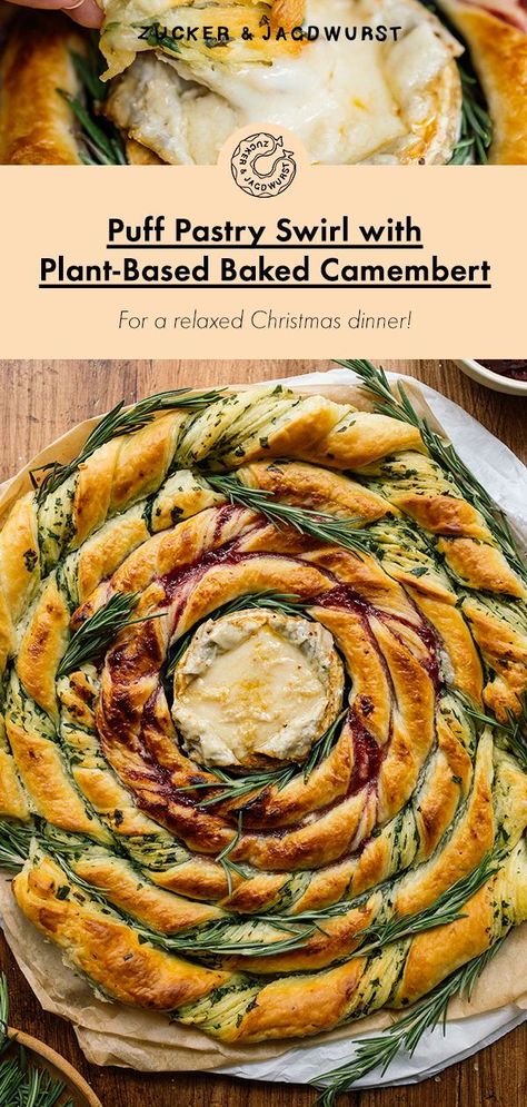 The ultimate comfort food goes vegan: Plant-based baked camembert in a puff pastry swirl with a savory and sweet filling. Ready in 30 minutes! Works perfectly as a lazy Christmas Dinner. Vegan Recipes Christmas Dinner, Vegan Puff Pastry Recipes Dinners, Plant Based Christmas Dinner, Vegan Christmas Dinner Main, Vegan Christmas Main Dish, Vegan Camembert, Lazy Christmas, Sweet Puff Pastry, Vegan Christmas Dinner