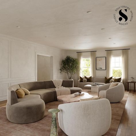 When a room is this large, you fill it with separate seating areas for family time hosting and conversation! #interiordesign #interiordesignfirm #interior #livingroom #familyroom #interiordecor #interiordesigner Multiple Seating Areas Living Room, Curves Sofa, Sectional Sofa Layout, Living Room Sectional Sofa, Rented Apartment, Small Seating Area, Interior Livingroom, Sectional Sofas Living Room, Curved Sofa