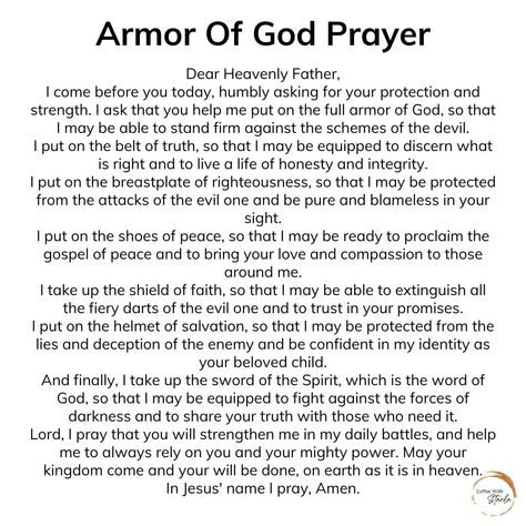 This is a one page printable of a prayer to help you pray on the Armor of God. *Only one free download per person, per month is allowed. For personal use only. Do not make copies. Prayer For Armor Of God, Praying The Armor Of God, Put On The Full Armor Of God Prayer, Put On The Armor Of God, Armor Of God Bible Study, Armour Of God Printable, Put On The Full Armor Of God, Armour Of God Prayer, Ephesians 6:10 Armor Of God