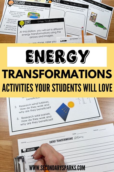 One of the most engaging physical science units in middle school science is energy forms and energy transfromations. Stations labs, CER stations activities, interactive science notebook activites and more are included in this blog post. Learn more about teaching energy transformations in middle school science. Energy Science Activities, Energy Transfer Activities, Energy 3rd Grade Science, Potential Energy Activities, 4th Grade Science Experiments, Energy Transformations Activities, Energy Transfer Activities 4th Grade, Forms Of Energy Activities 4th Grade, Potential And Kinetic Energy Activities Middle School