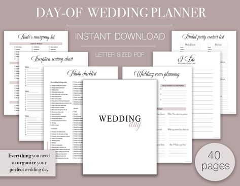 Day-Of Wedding Planner, Printable Planner, Digital Wedding Organiser Day Of Wedding Binder Template Wedding Planner Kit Instant download planningawedding #mealplanner #gratitudeplanner. Day Of Binder Wedding, Wedding Day Binder Printables Free, Wedding Digital Planner, Day Of Wedding Binder, Wedding Planner Printable, Wedding Organiser, Reception Seating Chart, Binder Templates, Photo Checklist