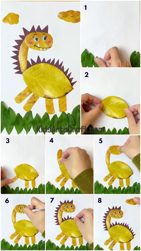 Dinosaur Leaf Art, Animals With Leaves Leaf Art, Leaves Tutorial, Dinosaur Craft, Car Costume, Diy Dinosaur, Create An Animal, Animal Craft, Leaf Animals