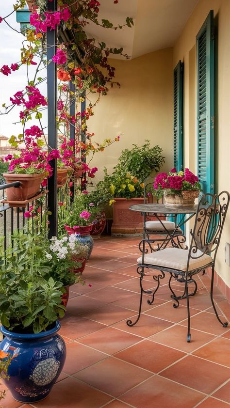 Mediterranean Style Balcony, Mediterranean Garden Furniture, Terracotta Tiles Outdoor Patio, Turkish Balcony, Bougainvillea Balcony, Balcony Tiles Ideas, Terracotta Terrace, Potted Bougainvillea, Spanish Balcony