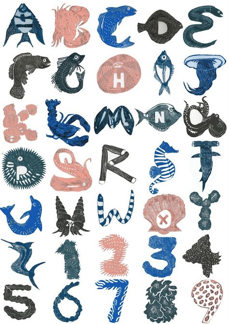 Gems Illustration, Camilla Perkins, Fish Alphabet, Ocean Alphabet, Typography Alphabet, Drop Cap, Alphabet Art, Alphabet Design, Animal Alphabet