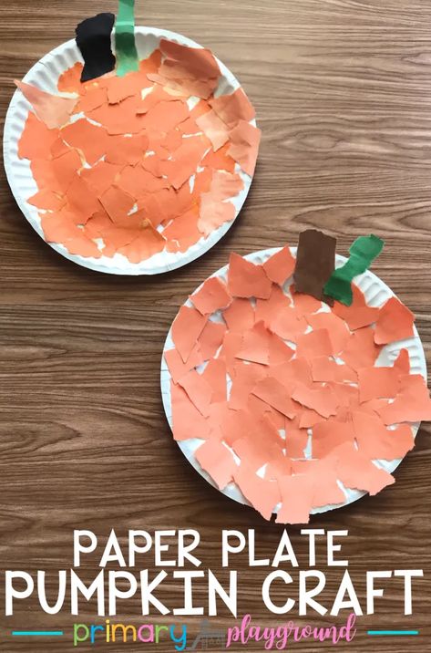 Paper Plate Pumpkin Craft - Primary Playground Paper Plate Pumpkin Craft, Paper Plate Pumpkin, Pumpkin Crafts Preschool, Scary Halloween Crafts, Primary Playground, Pumpkins Preschool, Paper Pumpkin Craft, Halloween Pumpkin Crafts, Paper Plate Craft