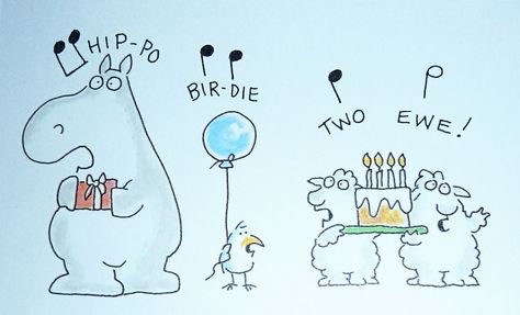 Hippo birdies, two ewes! Hippo birdies, two ewes! Hippo birdies,  Hippo birdies,  Hippo birdies, two ewes! Birthday Greetings Images, Happy Bird Day, Bird Day, Sandra Boynton, Watercolor Birthday Cards, Birthday Illustration, Birthday Memes, Pun Card, Make Your Own Card