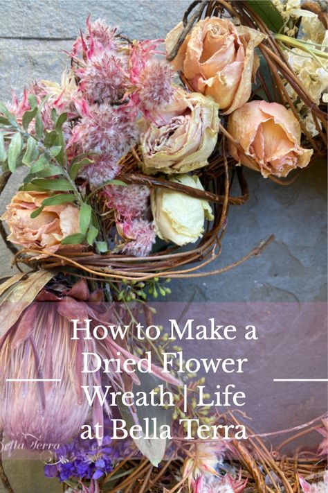 Diy Dried Flower Wreath, Pink Flower Names, Dried Floral Wreaths, Dried Flower Wreath, Dried Roses, Drying Roses, Boho Halloween, Dried Flower Wreaths, Candle Wreaths