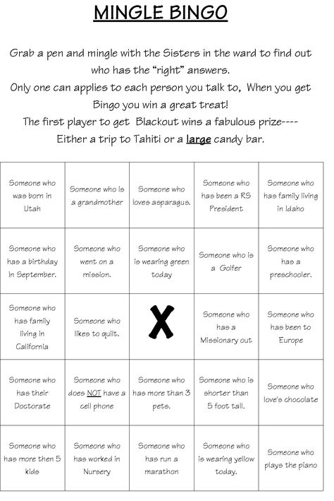 I read about this idea, and so I made my own. It is a game you can use for a Get To Know You Night! Mingle Bingo, Rs Activity Ideas, Relief Society Activity Ideas, Relay Ideas, Relief Society Birthday, Rs Activities, Relief Society Ideas, Lds Relief Society, Family Reunion Ideas