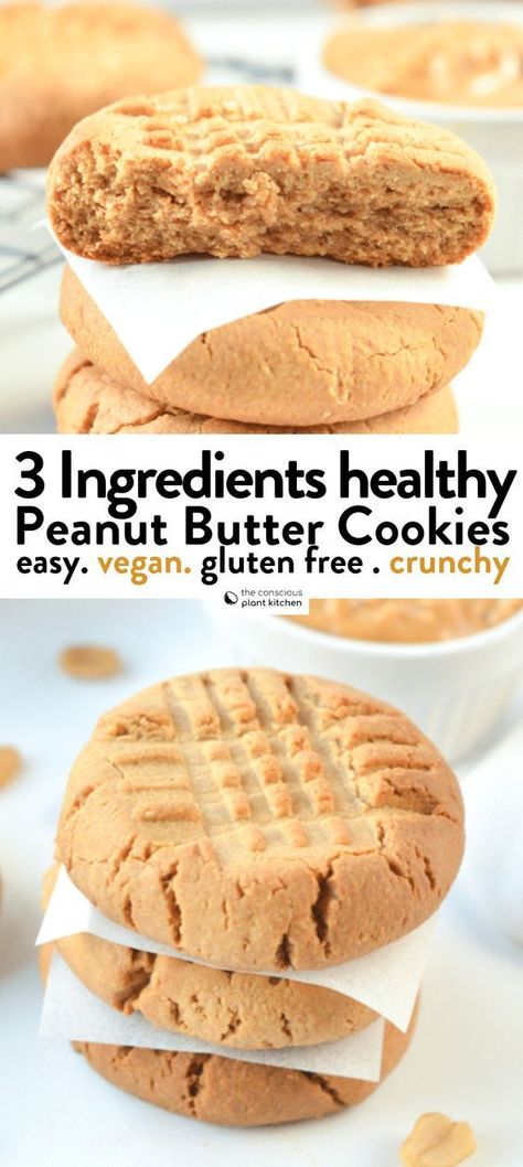 Peanut Butter Cookies Healthy, Three Ingredient Peanut Butter Cookies, Healthy Peanut Butter Cookies, Butter Cookies Easy, Biscuits Diététiques, Vegan Peanut Butter Cookies, Cookies Healthy, Easy Peanut Butter Cookies, No Egg Cookies