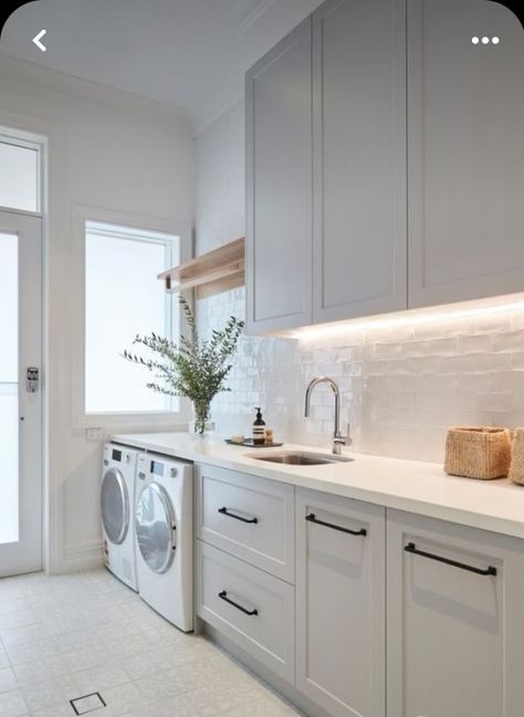 Hamptons Laundry Room, Hamptons Laundry, Storage Laundry Room, Laundry Reno, Laundry Room Tile, Laundry Makeover, White Laundry Rooms, White Laundry, Laundry Room Closet