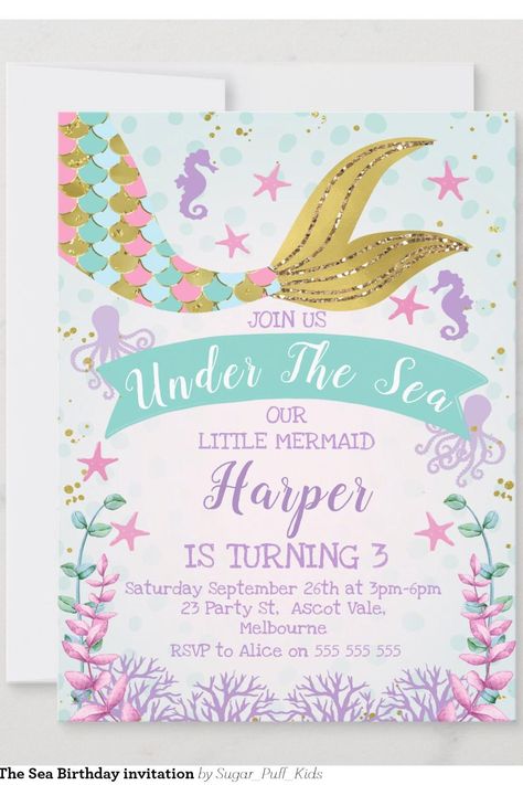 Mermaid Or Under The Sea Birthday invitation Mermaid 3rd Birthday Party Invitations, Little Mermaid 3rd Birthday Party Girl, Under The Sea 3rd Birthday Party, Three Year Old Girl Birthday Party Ideas, Under The Sea Birthday Party Girl, Three Year Old Birthday Party Girl, Mermaid 3rd Birthday Party, 3rd Birthday Party For Girls, Mermaid Theme Birthday Party