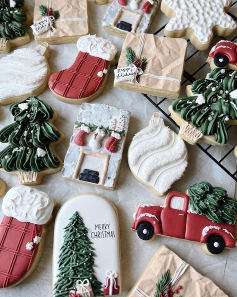 Cami Logan | Custom Decorated Sugar Cookies on Instagram: "Merry Christmas Eve! I hope everyone is having a great holiday season and getting to spend time enjoying it and relaxing! • Ornament inspo from @ems.custom.cookies Stone texture technique from @sweetcheeksbyrenee Truck cutter from @maisonscustomcutters • • • • #christmassugarcookies #christmascookies #ornamentcookies #stockingcookies #truckcookies #treecookies #fireplace #stockings #christmastree #christmasbaking #christmasart #chr Bakery Cookies Decorated, Christmas Sugar Cookies Ornaments, Merry Christmas Sugar Cookies, Christmas Truck Cookies Decorated, Christmas Ornaments Cookies, Rustic Christmas Cookies Decorated, Vintage Christmas Cookies Decorated, Stocking Sugar Cookies Decorated, Custom Christmas Cookies