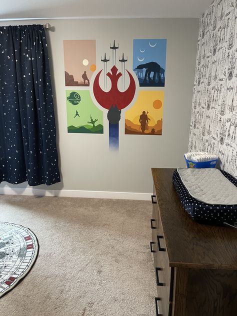 Star Wars Nursery Mural, Star Wars Theme Bedroom, Star Wars Wall Painting, Star Wars Nursery Decor, Star Wars Mural, Twin Nursery Room, Hand Painted Mural, Comic Book Room, Painted Mural