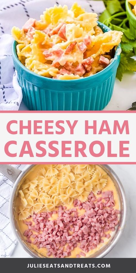 Ham Casserole is the perfect combination of cheese, bow tie pasta and ham! It's perfect for when you have leftover ham you need to use up or if you want a quick and easy dinner that's comforting! #ham #casserole Ham And Cheese Bowties, Ham And Cheese In Crockpot, How To Use Up Ham, Ham And Cheese Noodle Casserole, Slice Ham Recipes Dinners, Diced Ham Recipes Easy, Ham And Ravioli, Cheesy Ham Pasta, Ham Steak Meal Ideas