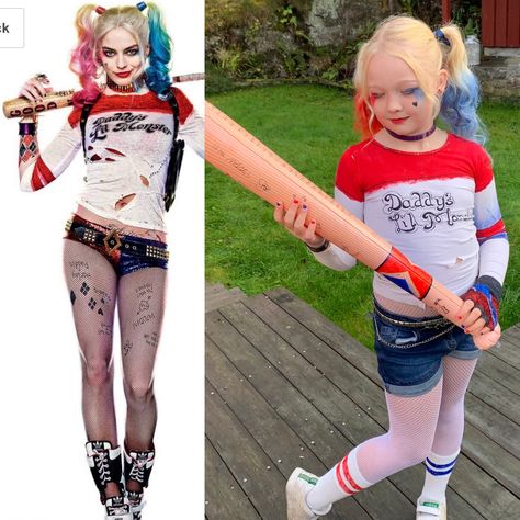 Harley quinn Diy costume Halloween Harley Quinn Kids Costume Diy, Harley Quinn Costume Ideas, Harley Quinn Costume Kids, Original Harley Quinn, Harley Quinn Diy, Girls Harley Quinn Costume, Harley Quinn Costume Diy, Diy Girls Costumes, Harley Quinn Halloween Costume