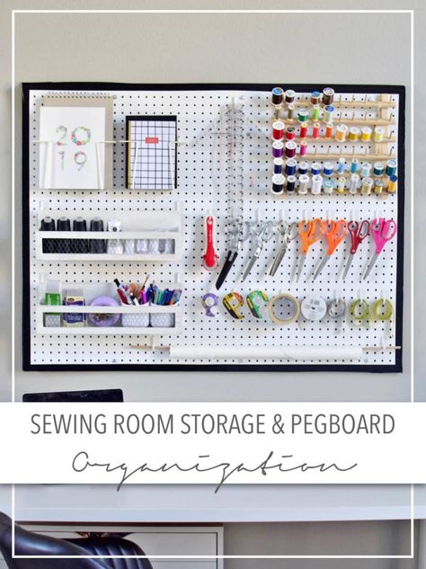 Sewing Room Storage and Pegboard Organization • theStyleSafari Understairs Pantry, Pegboard Room, Sewing Room Ideas, Pegboard Craft Room, Pegboard Kitchen, Peg Boards, Pegboard Display, Pegboard Storage, Ikea Organization