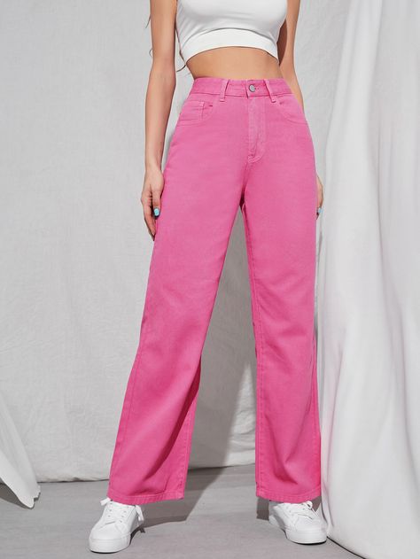 Hot Pink    Denim Plain Straight Leg Embellished Non-Stretch  Women Denim Pink Jeans Outfit, Hot Pink Jeans, Colored Jeans Outfits, Hot Pink Denim, Jean Rose, Light Pink Jeans, Neon Prom Dresses, Jeans Rosa, Adrette Outfits