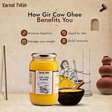 Ghee Poster Design, Dairy Products Creative Ads, Desi Ghee Creative Ads, Ghee Creative Ads, Ghee Packaging Design, Organic Rice Packaging, Cow Ghee Benefits, Benefits Of Ghee, Gir Cow